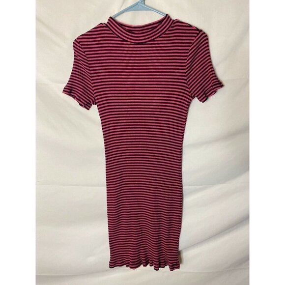 KENSIE WOMENS JUNIORS CUTE DRESS SIZE MEDIUM 7/9 PINK BLACK STRIPE BODYCON MIDI - Picture 1 of 3